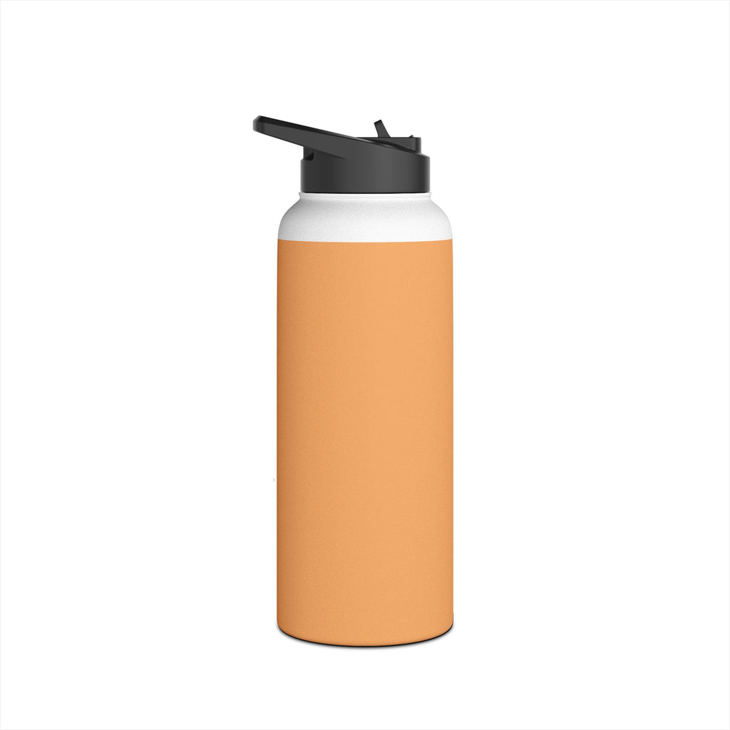 Matte orange-gold stainless water bottle with black sports lid, angled view