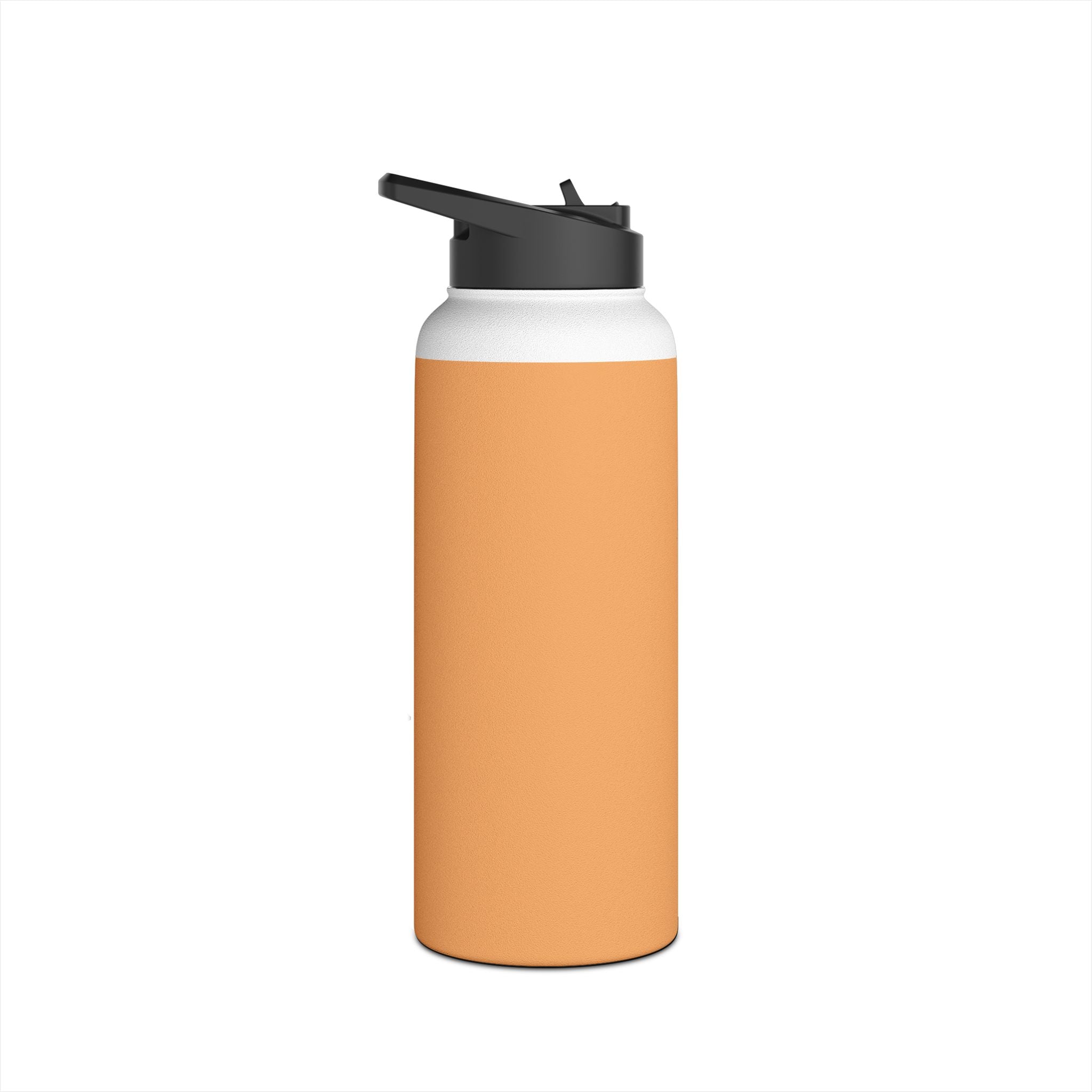 Matte orange-gold stainless water bottle with black sports lid, angled view