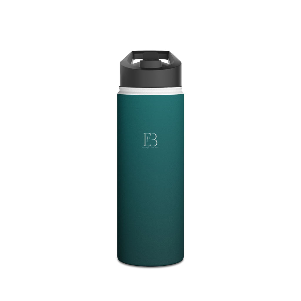 Deep teal matte stainless steel water bottle with black sports lid and handle.
