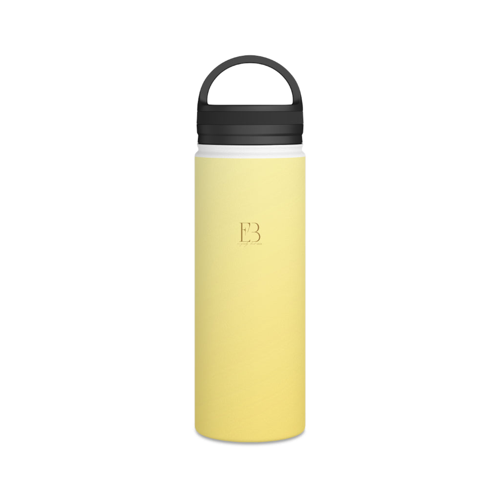 Insulated water bottle in lemon yellow with black flip-top lid and carrying handle
