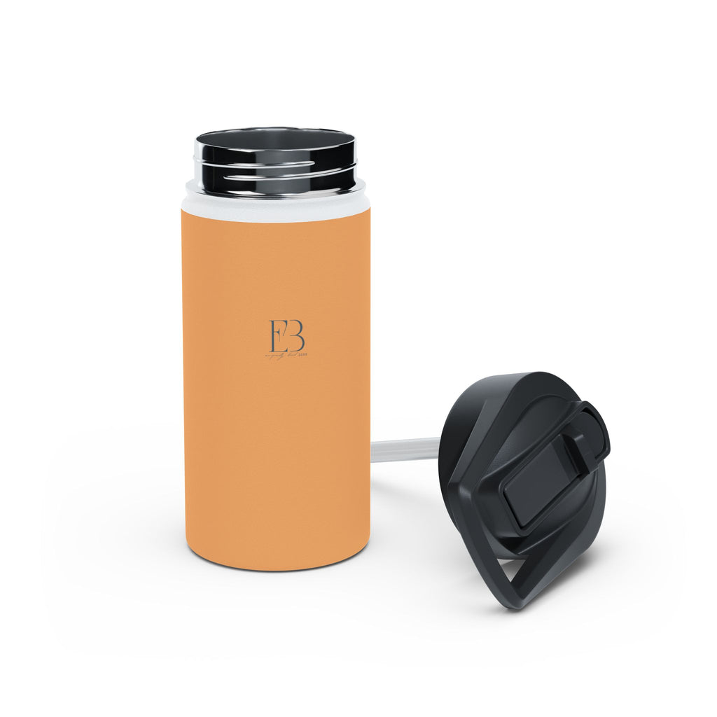 Matte gold insulated water bottle with black lid removed and spout cap shown