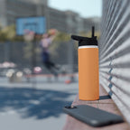 Matte orange-gold stainless water bottle with black sports lid, standing on tabletop