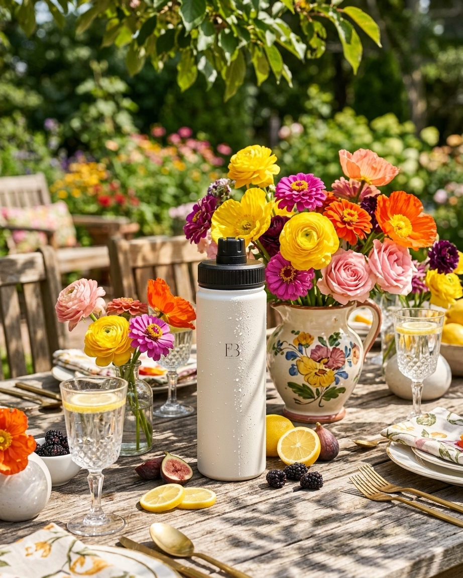 A white insulated water bottle with a black cap and a monogram 'EB' logo stands on a rustic wooden outdoor table surrounded by colorful flower arrangements, glasses, lemons, and plates in a garden setting.