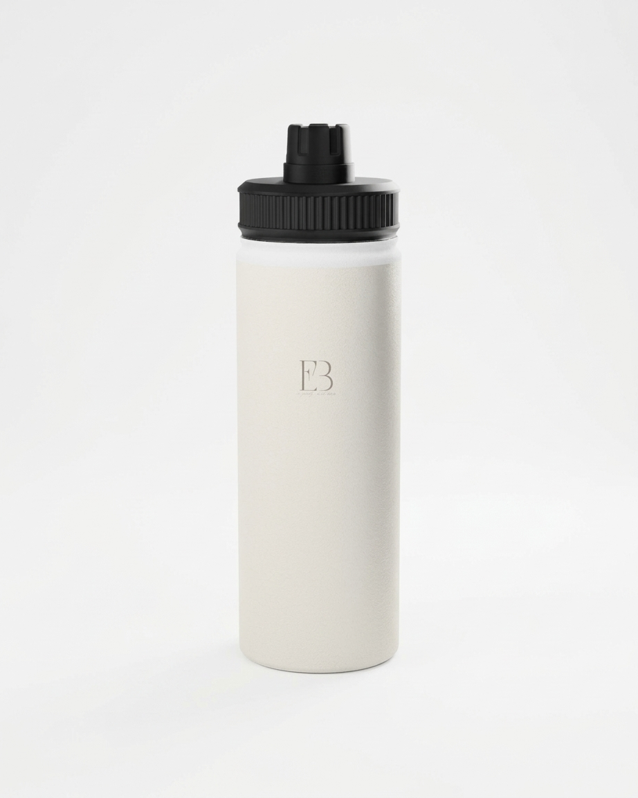 A matte off-white insulated water bottle with a black screw-on cap, featuring a subtle embossed 'EB' logo on the front, set against a seamless white background.