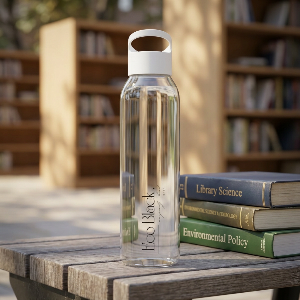 Clear water bottle with white cap on a wooden table with books in the background Lightweight, clear Eastman Tritan™ Water Bottle — Eco Friendly, Spill-resistant with built-in hand loop