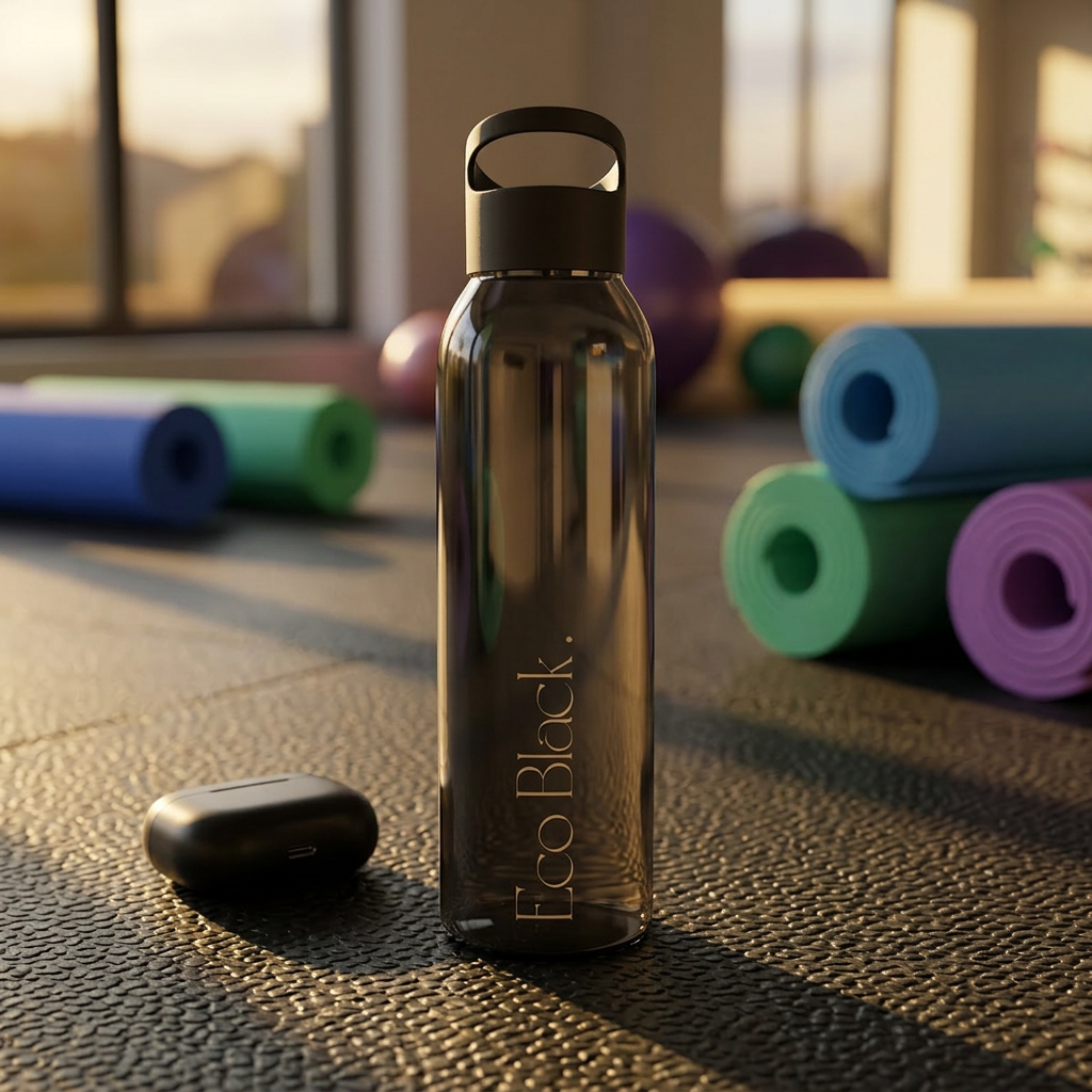 Black water bottle with 'Eco Black' branding on a gym floor with yoga mats in the background. Lightweight, clear Eastman Tritan™ Water Bottle — Eco Friendly, Spill-resistant with built-in hand loop