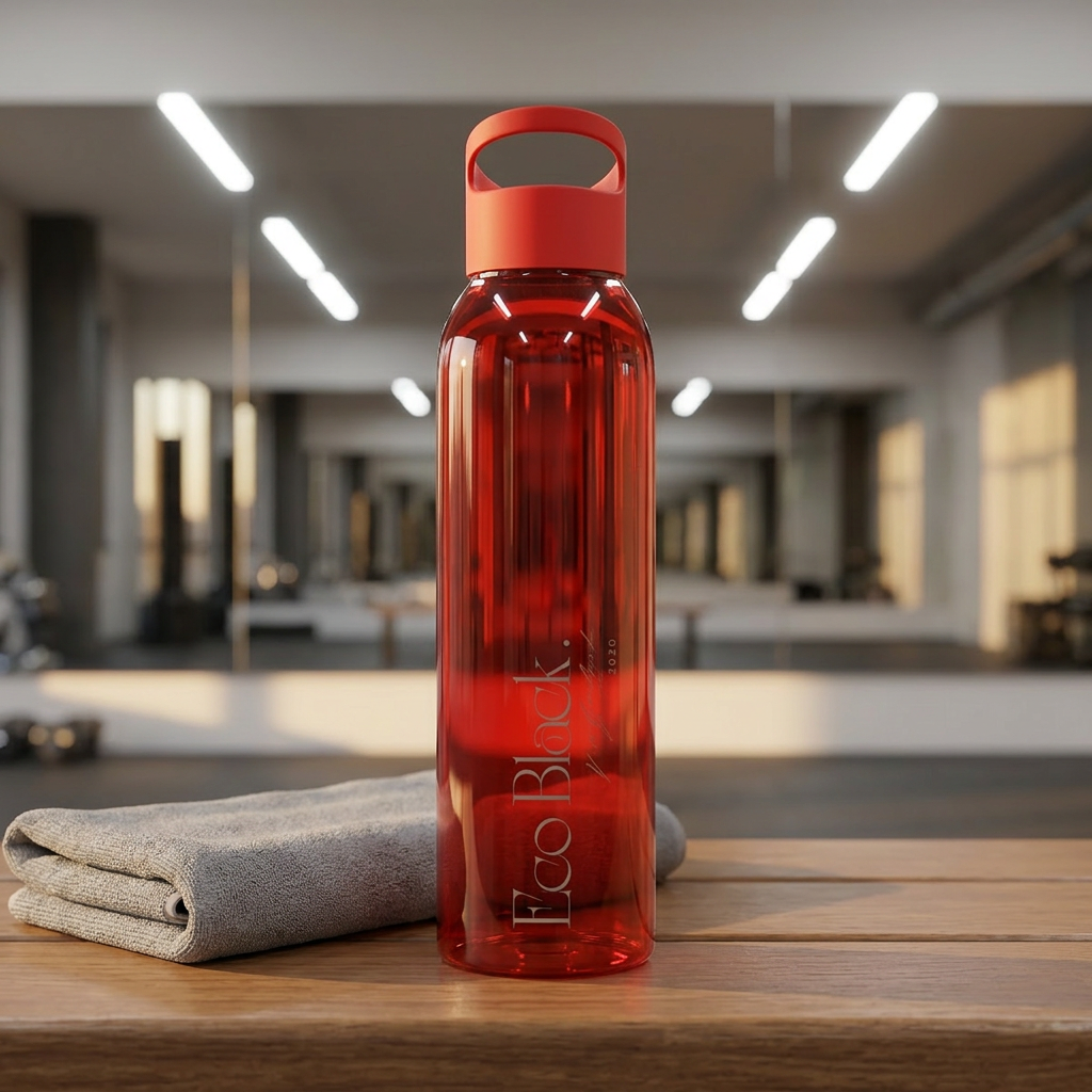 Red water bottle with 'Eco Black' branding on a wooden surface in a gym setting Lightweight, clear Eastman Tritan™ Water Bottle — Eco Friendly, Spill-resistant with built-in hand loop