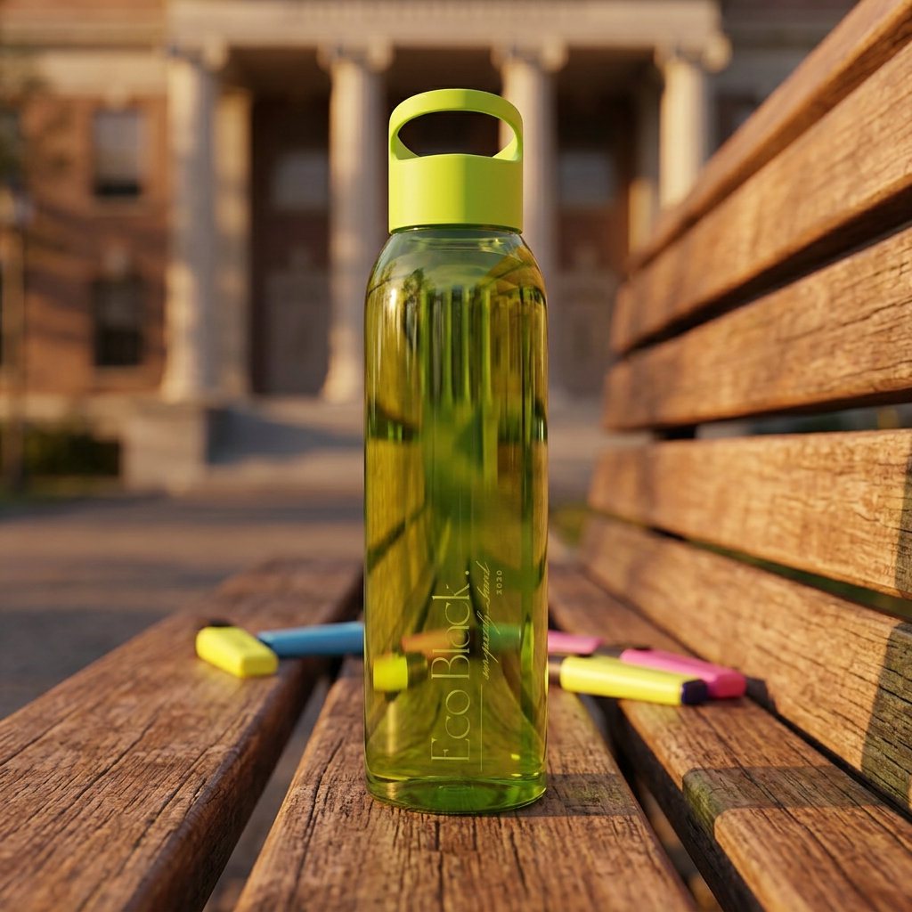 Green water bottle with a yellow cap on a wooden bench outdoors Lightweight, clear Eastman Tritan™ Water Bottle — Eco Friendly, Spill-resistant with built-in hand loop