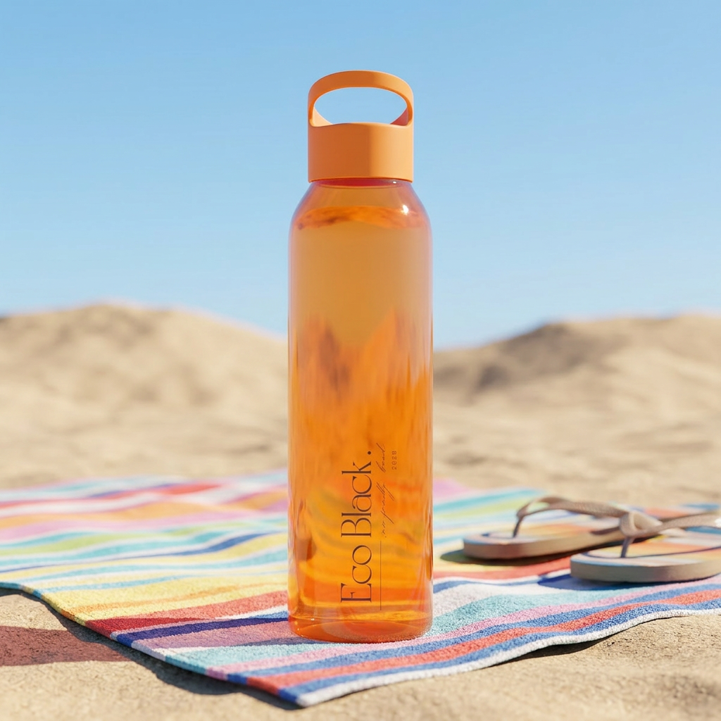 Orange water bottle with 'Eco Black' branding on a beach towel and sand Lightweight, clear Eastman Tritan™ Water Bottle — Eco Friendly, Spill-resistant with built-in hand loop