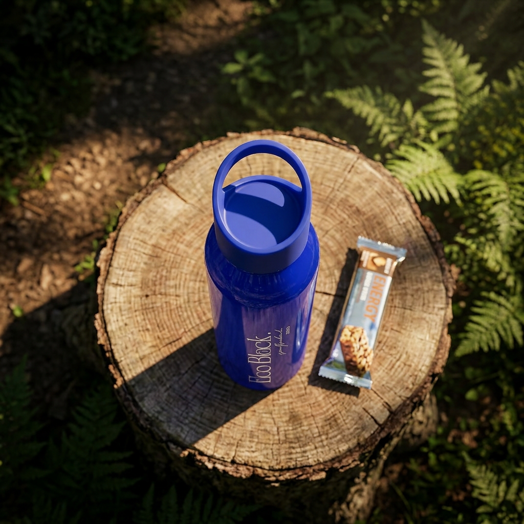 Blue water bottle and snack bar on a wooden log with a natural background Lightweight, clear Eastman Tritan™ Water Bottle — Eco Friendly, Spill-resistant with built-in hand loop