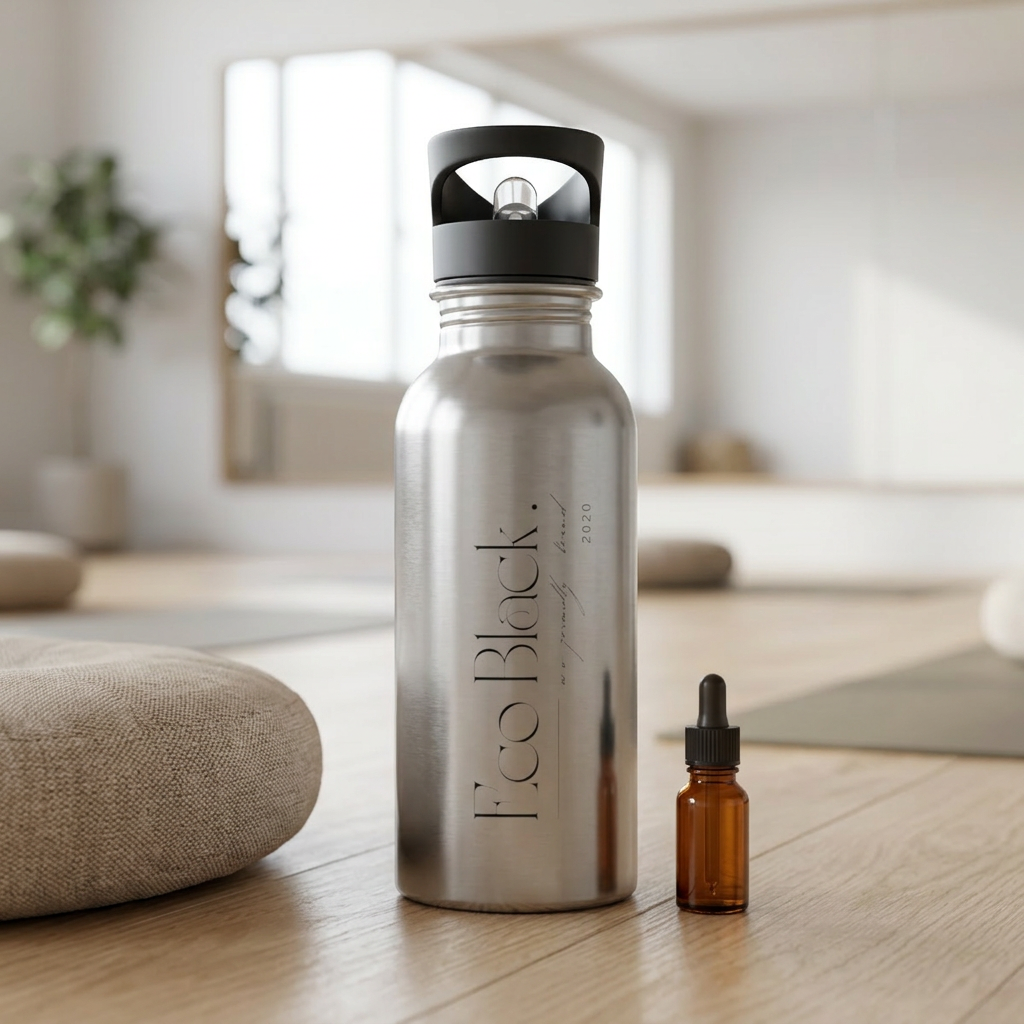 Silver water bottle with black cap on a wooden floor, with a blurred indoor setting in the background. Eco Black 20oz Stainless Steel Water Bottle with Straw — Durable Travel Hydration Bottle