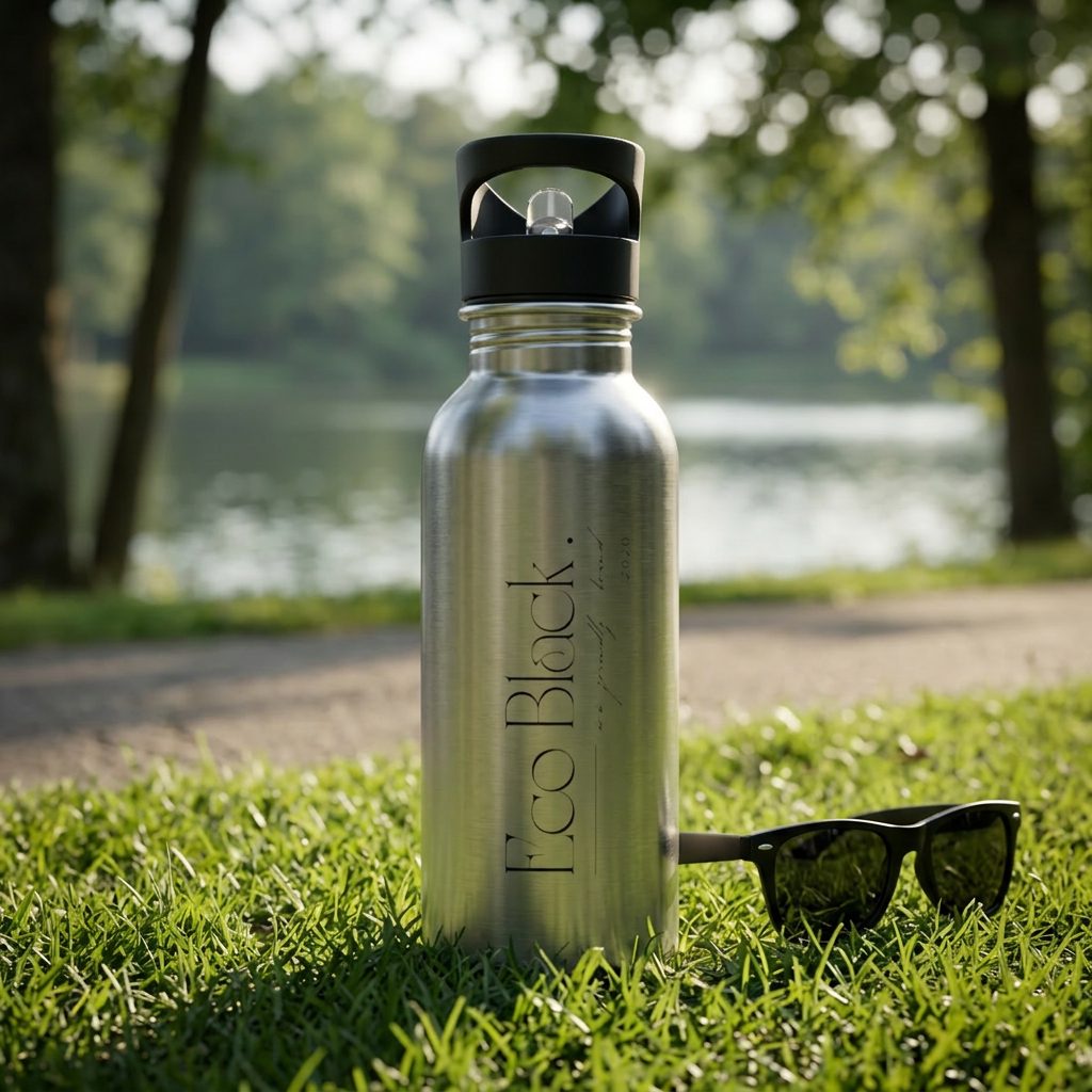 Silver water bottle with black cap on grass by a lake Eco Black 20oz Stainless Steel Water Bottle with Straw — Durable Travel Hydration Bottle