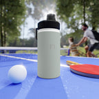 Sage insulated stainless steel water bottle with black sports lid