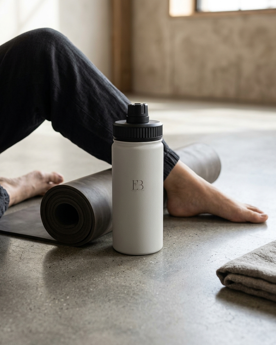 A white insulated water bottle with a black cap stands on a concrete floor next to a rolled yoga mat. A person's legs and feet are visible in the background, wearing dark pants in a minimalist indoor setting.