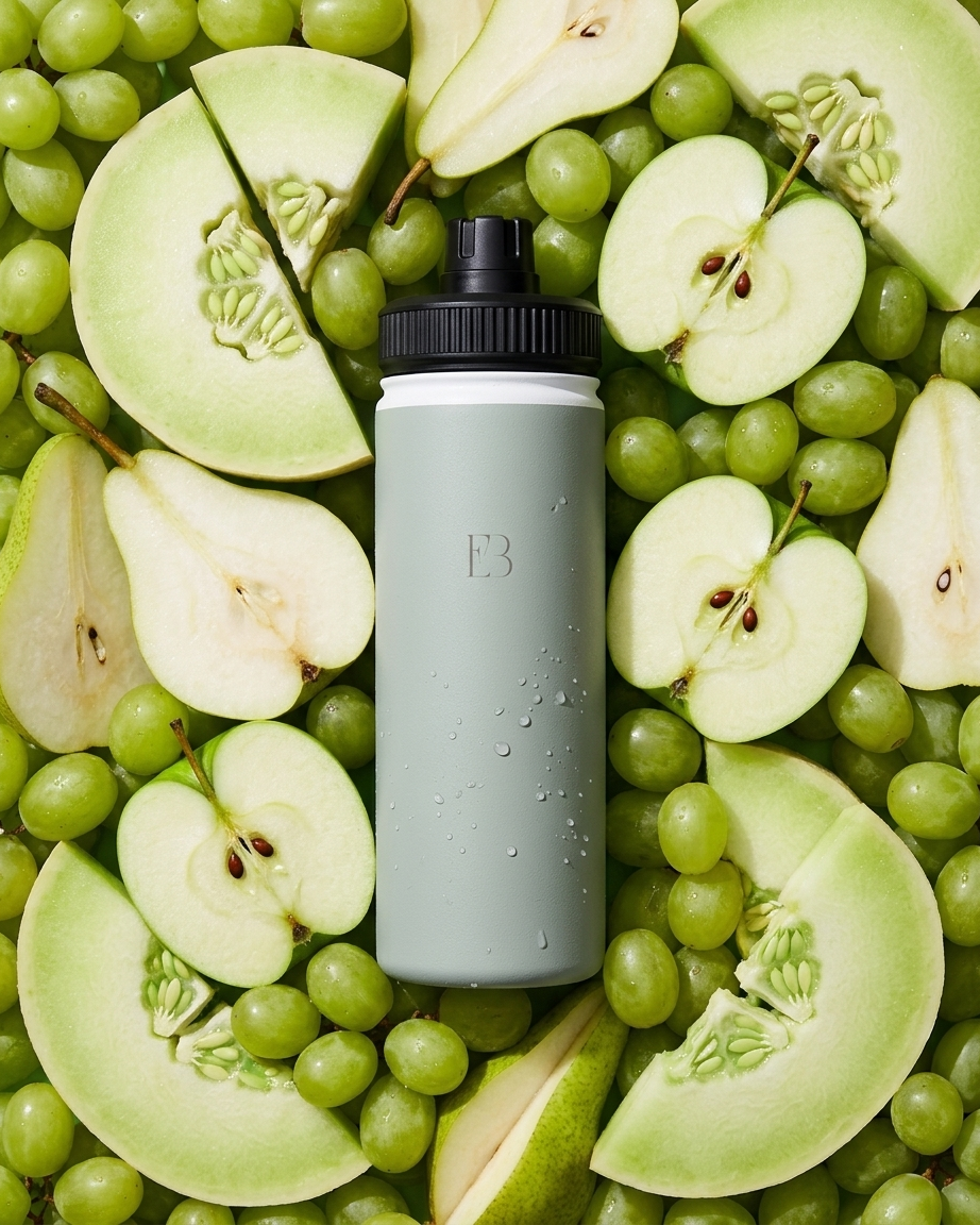 Sage insulated water bottle with black lid, water droplets visible on surface