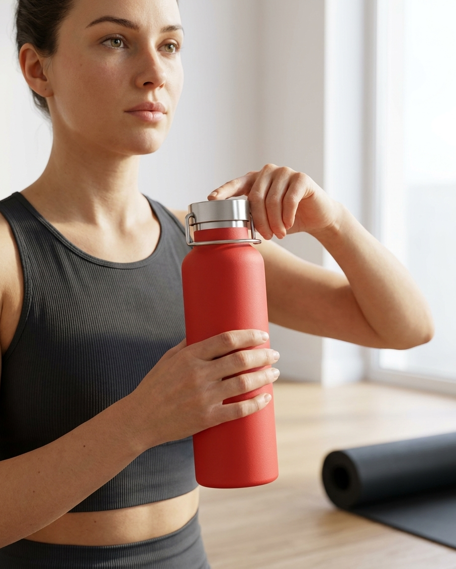 Woman holding a red water bottle in a gym setting