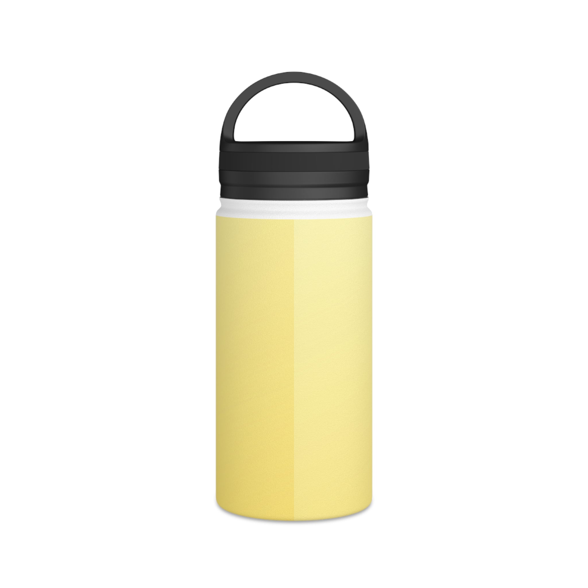 Insulated water bottle in lemon yellow with black base ring and carrying handle lid