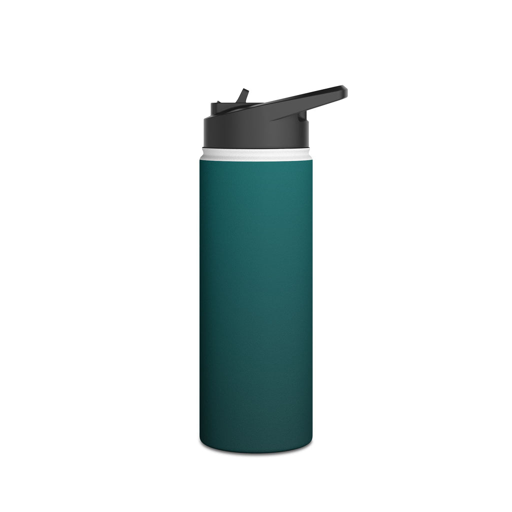 Matte deep teal stainless steel water bottle with sports lid, angled