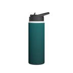 Matte deep teal stainless steel water bottle with sports lid, angled