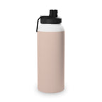 Blush insulated stainless water bottle with black screw lid and attached carry strap
