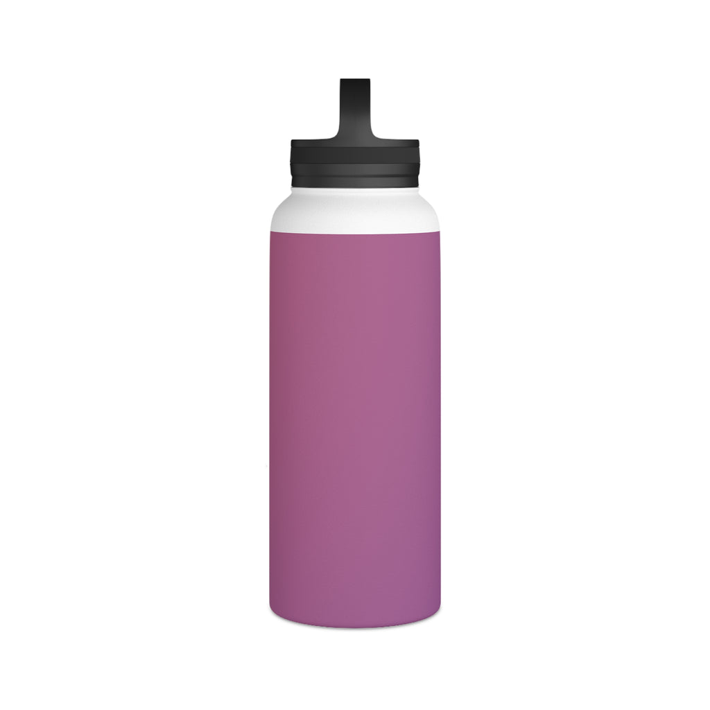 Rose orchid insulated stainless steel water bottle with black spout lid, front view