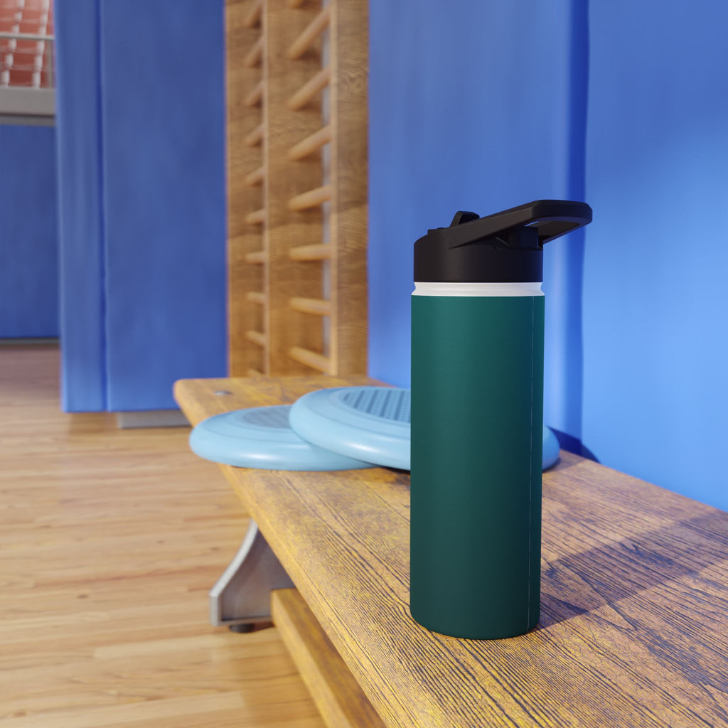 Deep teal insulated water bottle with sports lid on wooden table