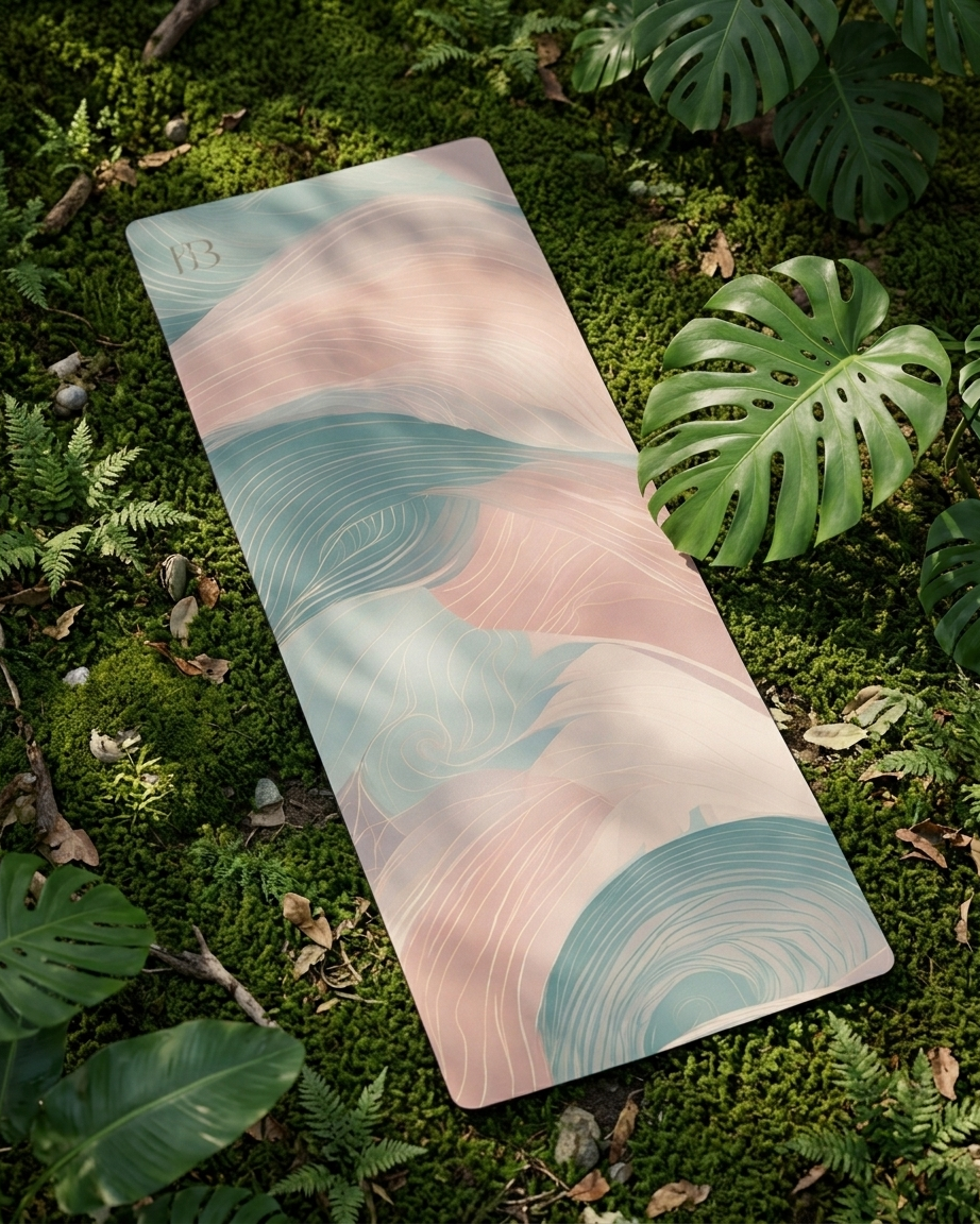 Yoga mat with pastel wave pattern in pink, teal, and cream outdoors on greenery