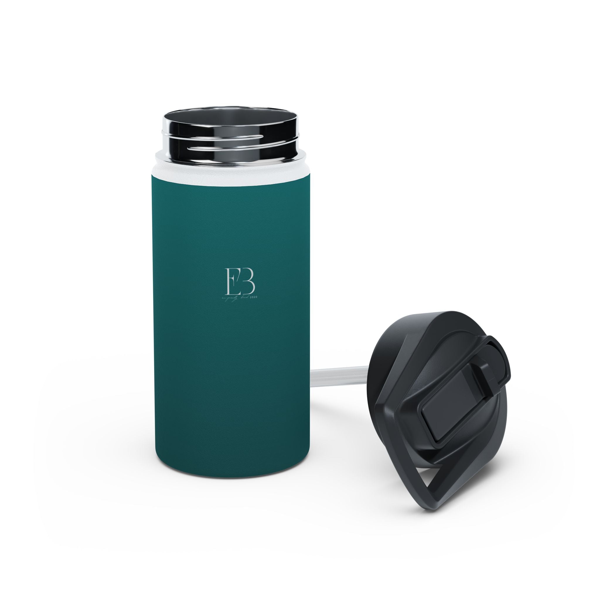 Deep teal matte stainless steel water bottle with stainless interior and black lid.