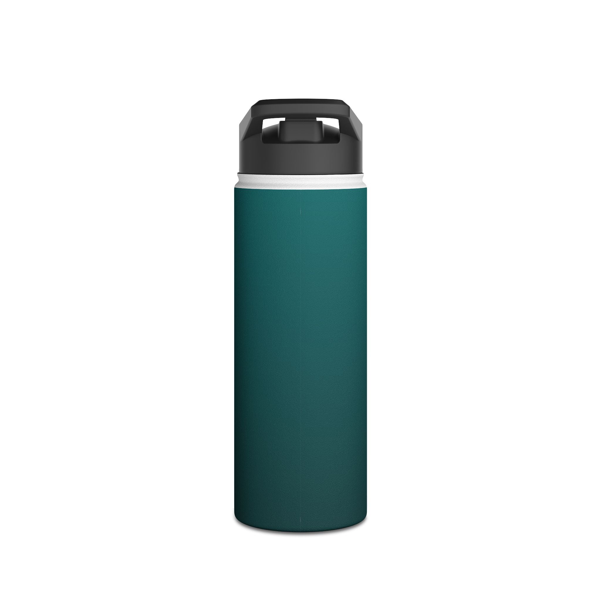 Deep teal matte stainless steel water bottle with black sports lid, centered front view.