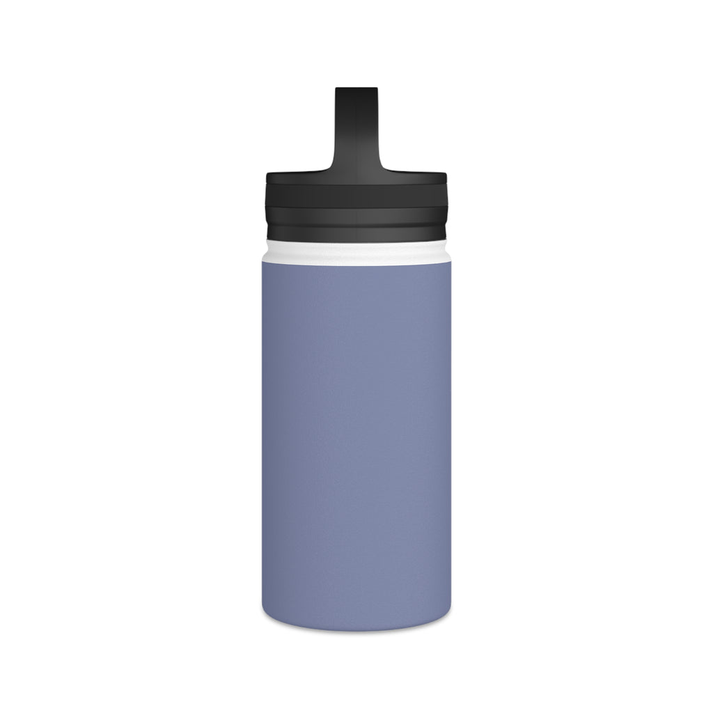 Insulated stainless steel water bottle in pale iris with black top opening