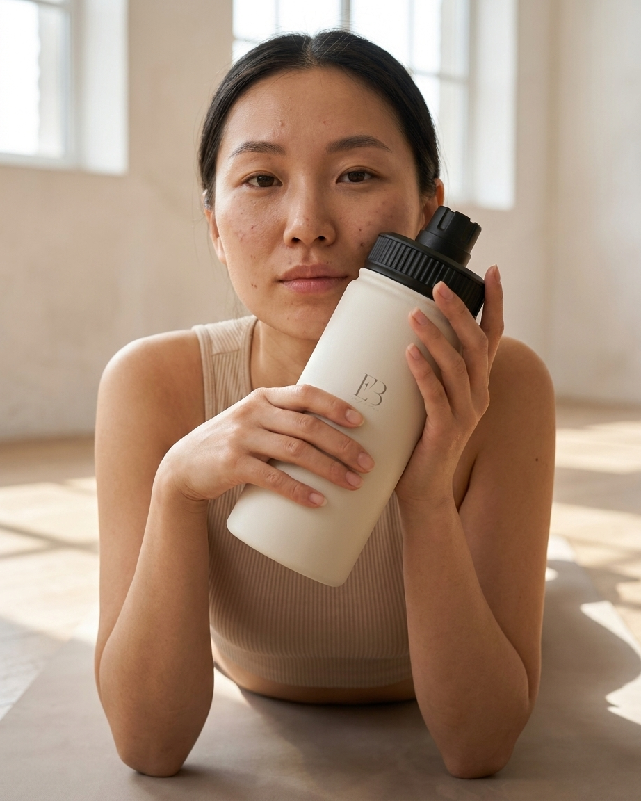 A woman in a ribbed beige tank top holds a matte off-white water bottle with a black cap and a subtle 'B' logo on the front, set against a softly lit, minimalist indoor background.