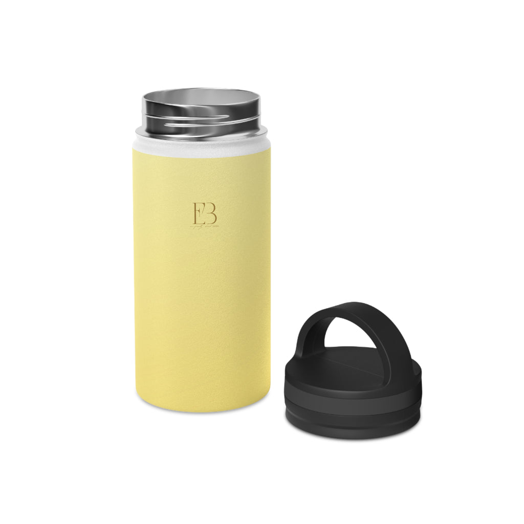 Lemon yellow insulated bottle with stainless steel top and black carrying handle
