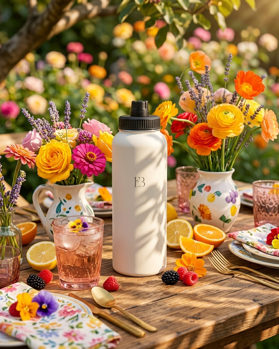 A white insulated water bottle with a black lid and a monogram 'FB' on the front, displayed on a rustic wooden table in a sunlit garden setting surrounded by colorful flowers, glasses, and fruit.