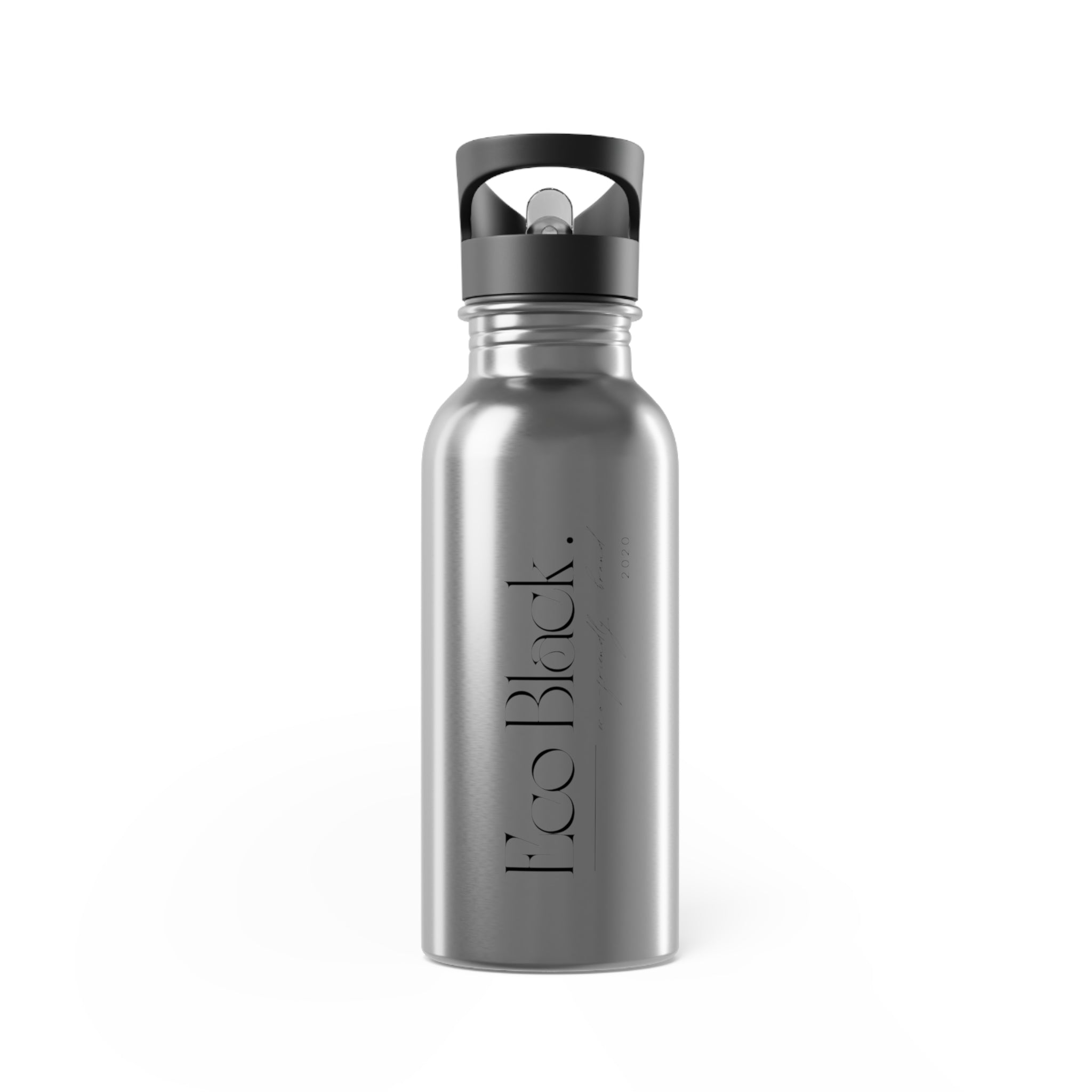 Silver water bottle with a mountain design on a white background Eco Black 20oz Stainless Steel Water Bottle with Straw — Durable Travel Hydration Bottle