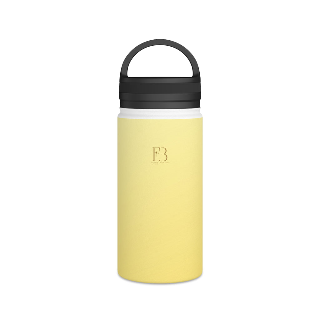 Insulated water bottle, lemon yellow body with black lid and carrying handle