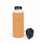 Matte orange-gold water bottle with black lid detached; shows EB on bottle