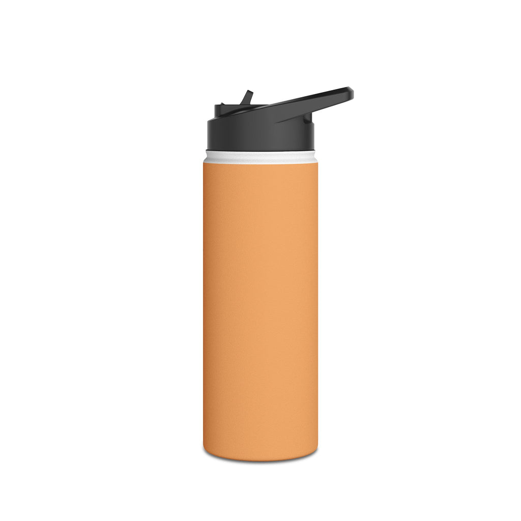 Matte orange-gold stainless water bottle with black sports lid, front view