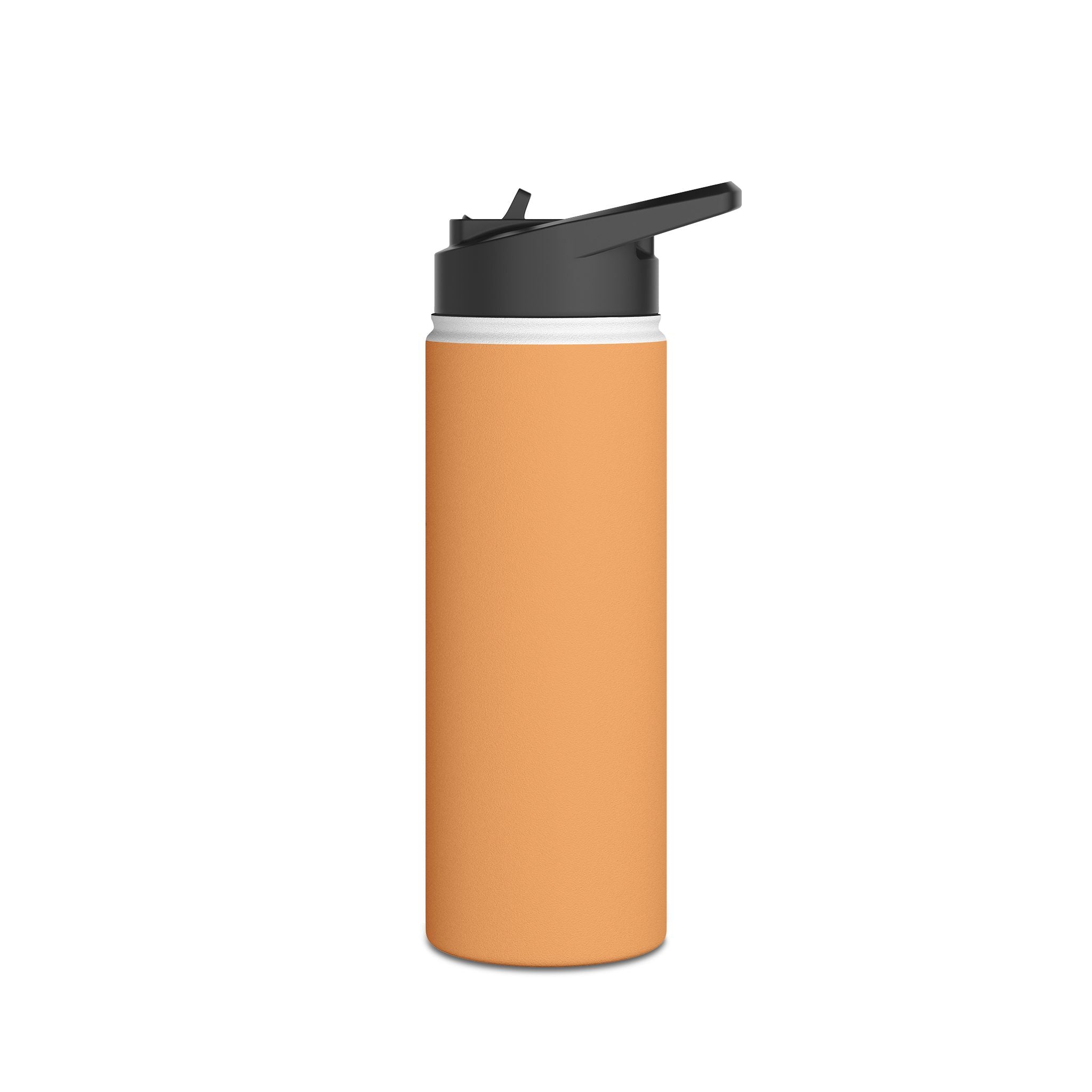 Matte orange-gold stainless water bottle with black sports lid, front view