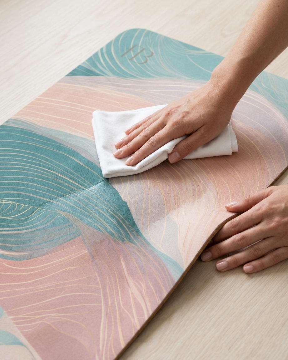 Yoga mat corner with pastel wave design in pink and teal, hands wiping with a cloth