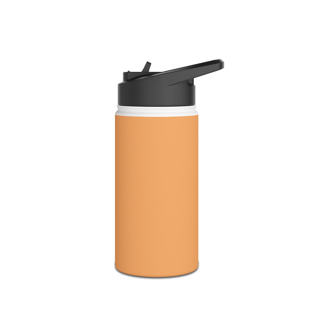 Matte gold insulated water bottle with black flip lid open, angled view