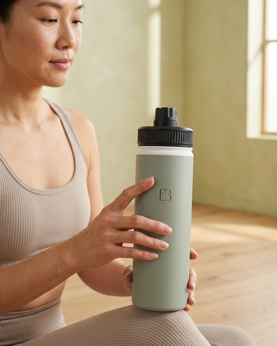 Sage insulated water bottle with black lid held near chest, embossed EB logo