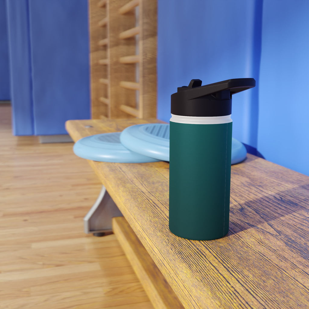 Deep teal matte stainless steel water bottle standing upright with open black lid.