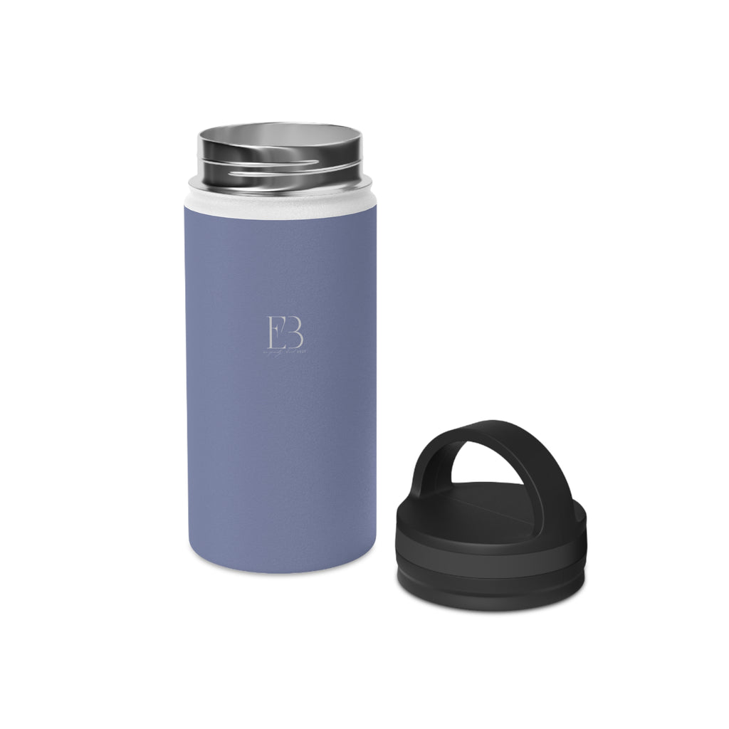 Insulated stainless steel water bottle with separate black handle lid, pale iris