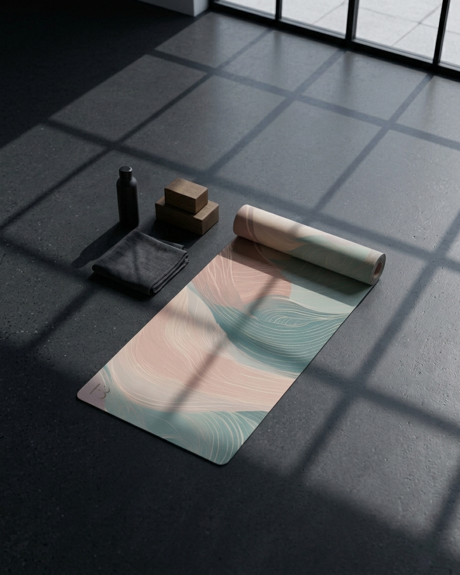 Natural rubber yoga mat with pastel wave pattern, rolled and laid flat