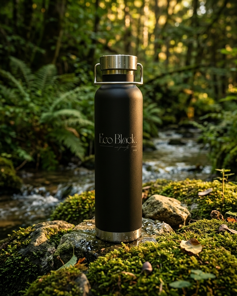 Black insulated bottle with silver cap on a mossy rock in a forest setting