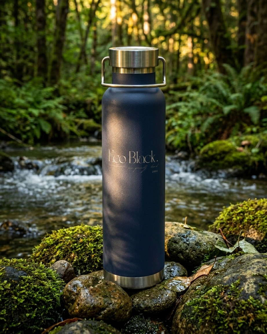 Blue insulated bottle with silver cap on a forest background