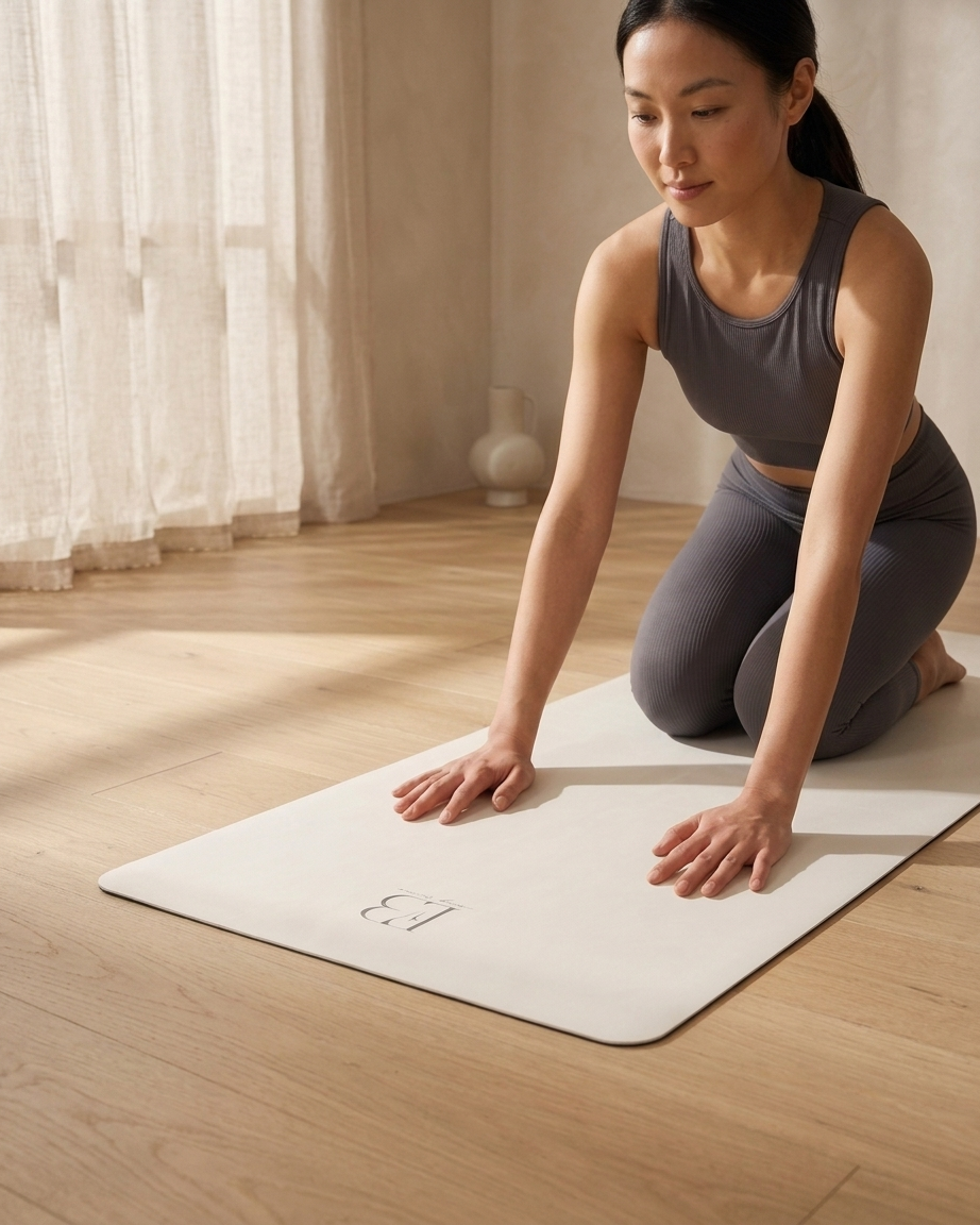 Vanilla cream yoga mat with subtle logo, laid flat on the floor