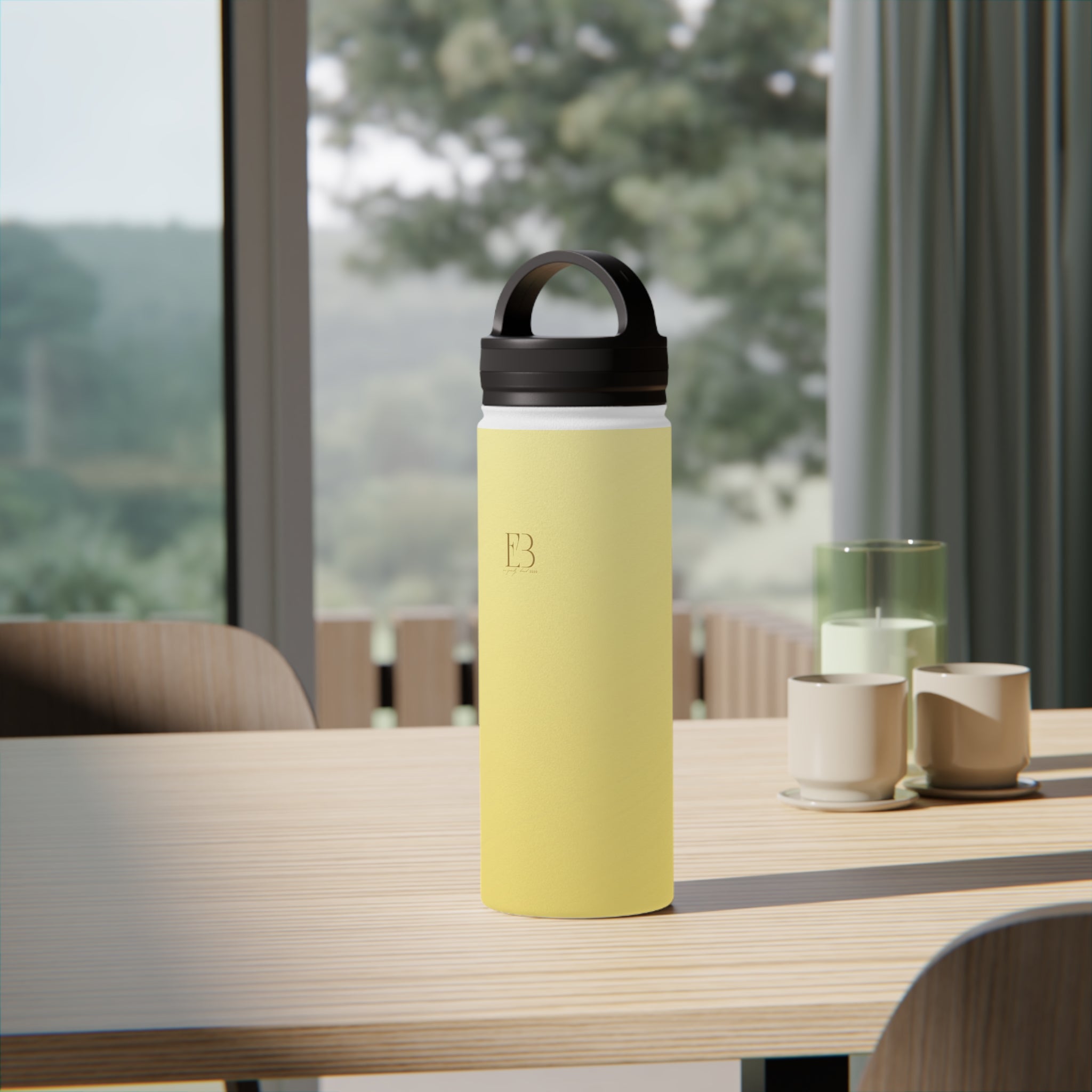 Lemon yellow insulated water bottle with black flip-top lid and carry handle.