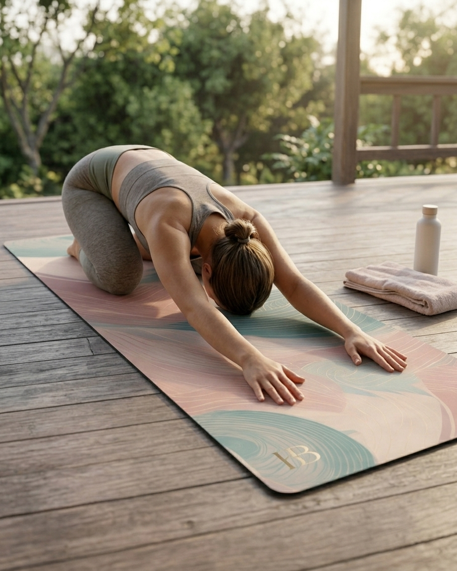 Yoga mat with pastel wave design in pink and teal, used for a forward fold stretch