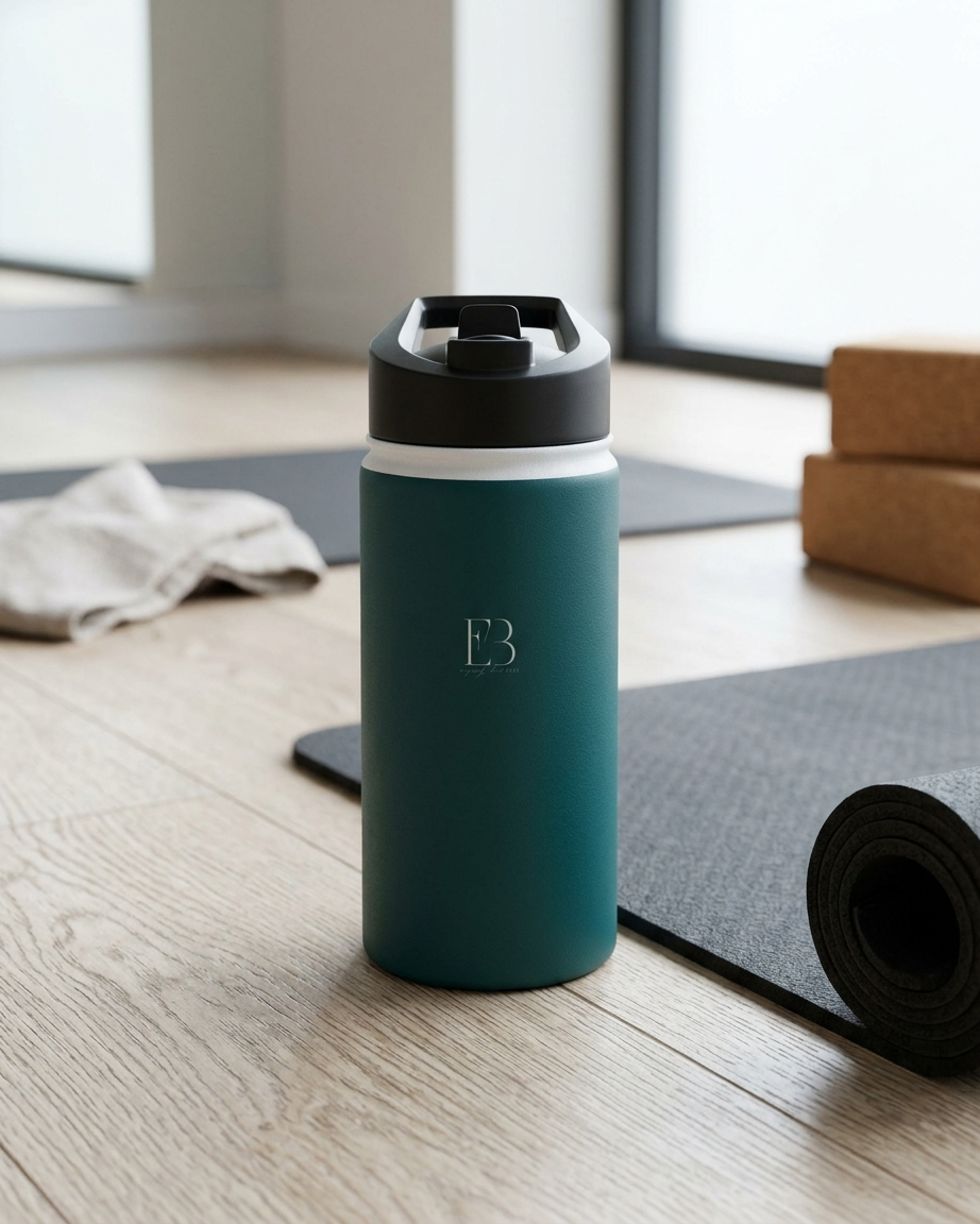 A matte teal insulated water bottle with a black lid and a white band, standing on a light wood floor next to yoga mats. The bottle has a monogram logo 'EB' on the front.